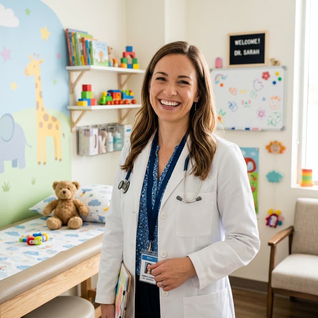 Dr. Evelyn Chen pediatrician in child care exam room